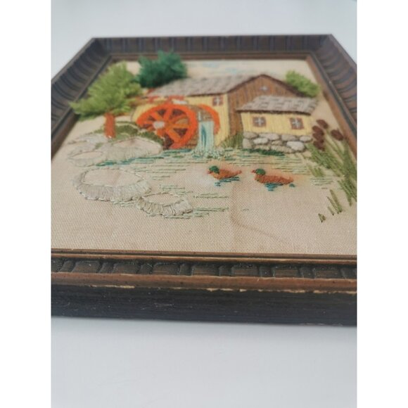 Framed Embroidery, Old Mill on a Stream, c.1970's Stitch Art - Picture 5 of 7
